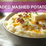 LOADED MASHED POTATOES topped with melted cheddar bacon chives butter and creamy white sauce on white cloth