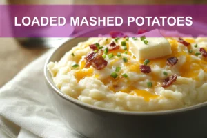 Loaded Mashed Potatoes: Easy and Irresistibly Delicious LOADED MASHED POTATOES topped with melted cheddar bacon chives butter and creamy white sauce on white cloth