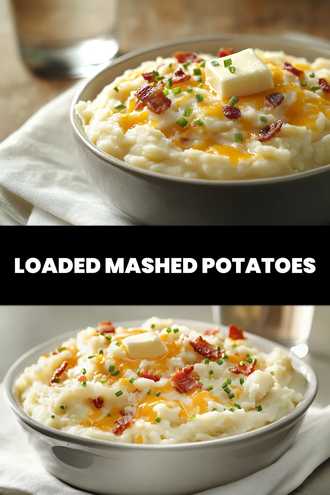 Loaded Mashed Potatoes: Easy and Irresistibly Delicious 6 LOADED MASHED POTATOES topped with melted cheddar bacon chives butter and creamy white sauce on white cloth_pin