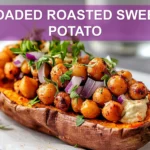 LOADED ROASTED SWEET POTATO with hummus crispy chickpeas red onion herbs crumbled cheese olive oil drizzle