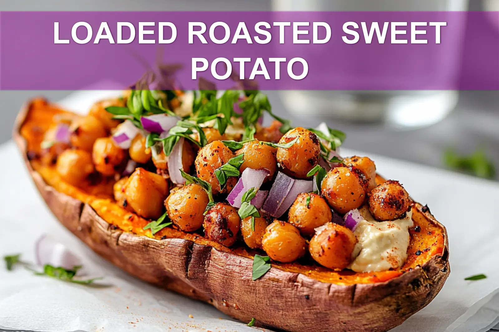 LOADED ROASTED SWEET POTATO with hummus crispy chickpeas red onion herbs crumbled cheese olive oil drizzle