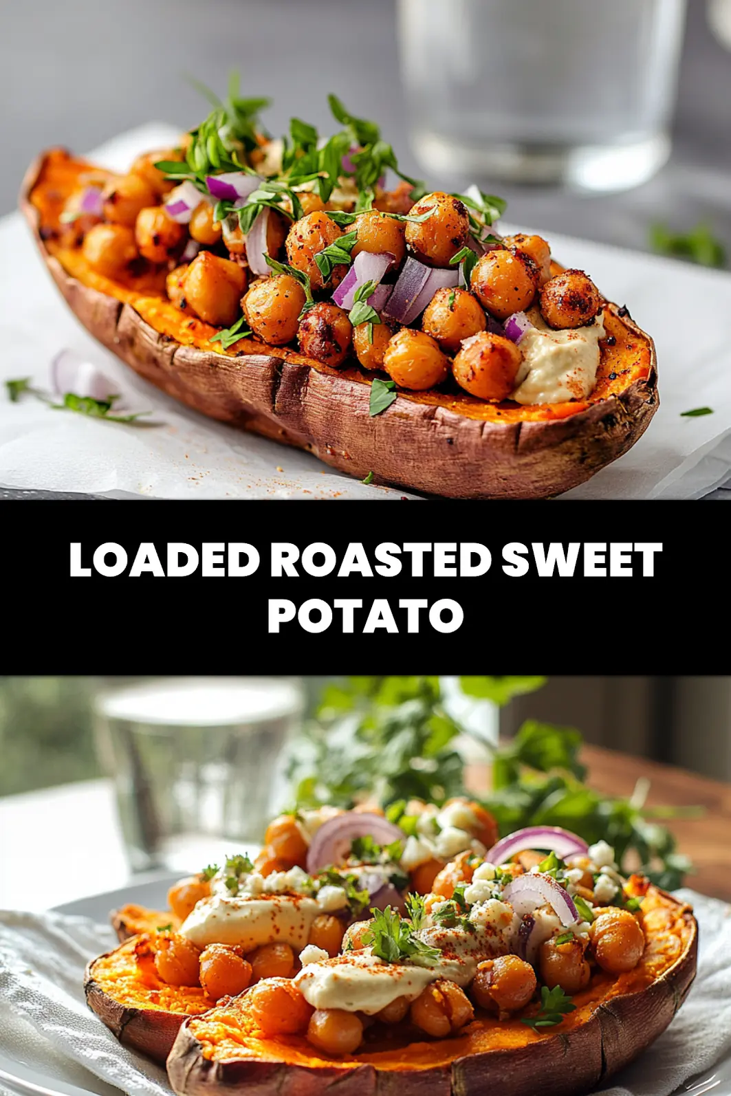 Loaded Roasted Sweet Potato: Delicious and Easy Recipe 6 LOADED ROASTED SWEET POTATO with hummus crispy chickpeas red onion herbs crumbled cheese olive oil drizzle_pin