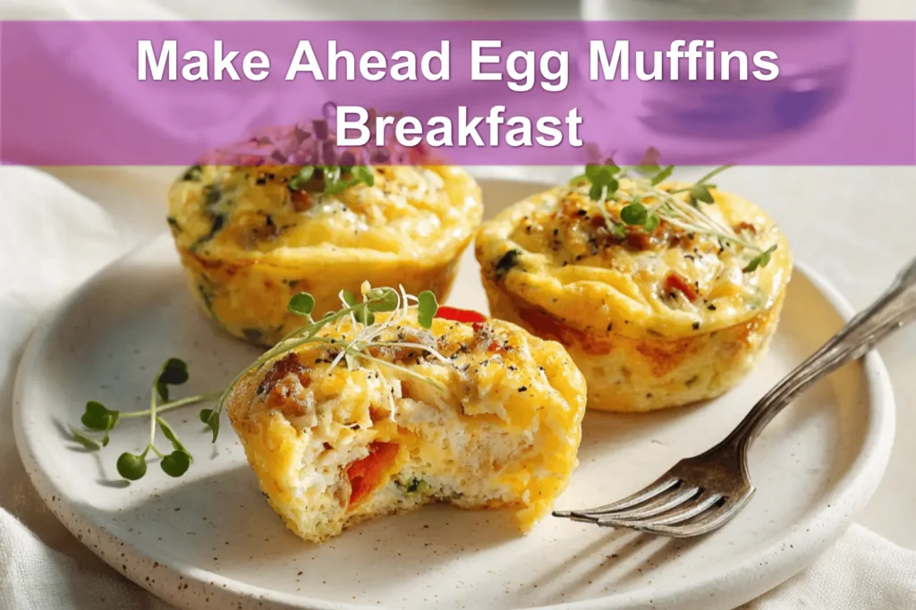 Make Ahead Egg Muffins Breakfast three golden muffins with melty cheese peppers spinach bacon and sausage