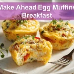 Make Ahead Egg Muffins Breakfast three golden muffins with melty cheese peppers spinach bacon and sausage