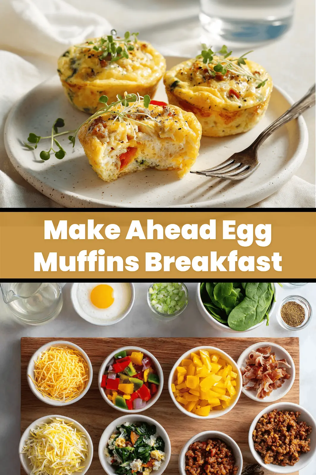 Make Ahead Egg Muffins Breakfast three golden muffins with melty cheese peppers spinach bacon and sausage_pin