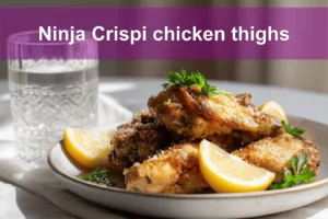 Ninja Crispi chicken thighs crispy golden skin bone-in skin-on chicken pieces on white cloth
