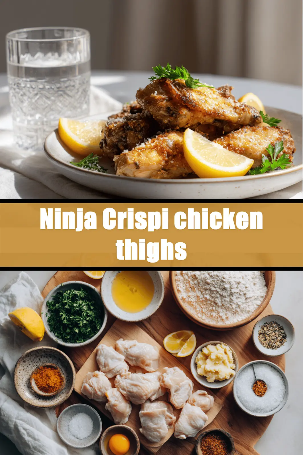 Ninja Crispi chicken thighs crispy golden skin bone-in skin-on chicken pieces on white cloth_pin
