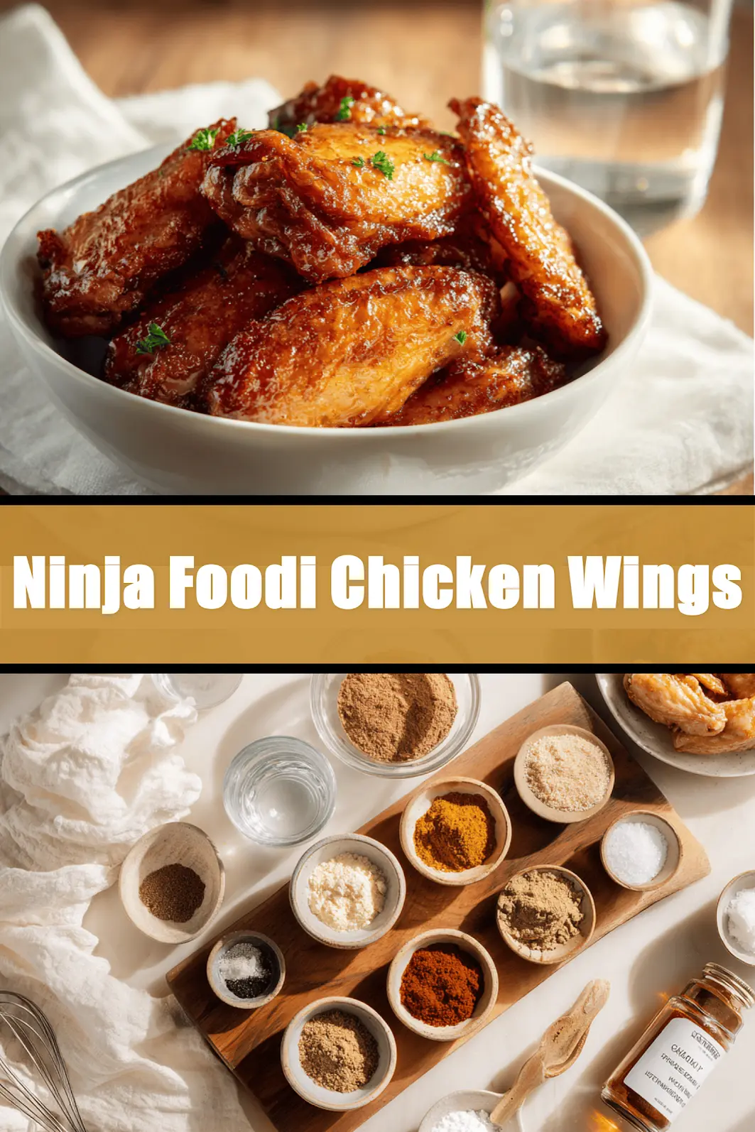 Ninja Foodi Chicken Wings on white napkin with clear glass of water and golden glaze_pin