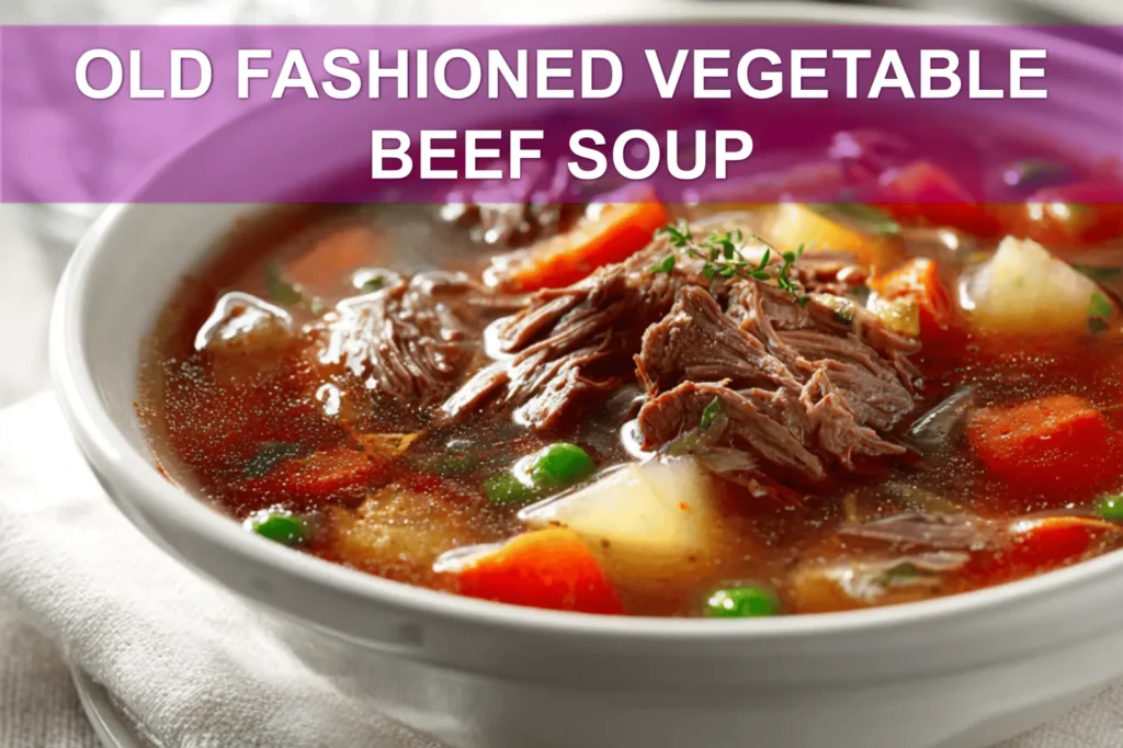OLD FASHIONED VEGETABLE BEEF SOUP top-down bowl warm comforting stew with shredded beef and vegetables