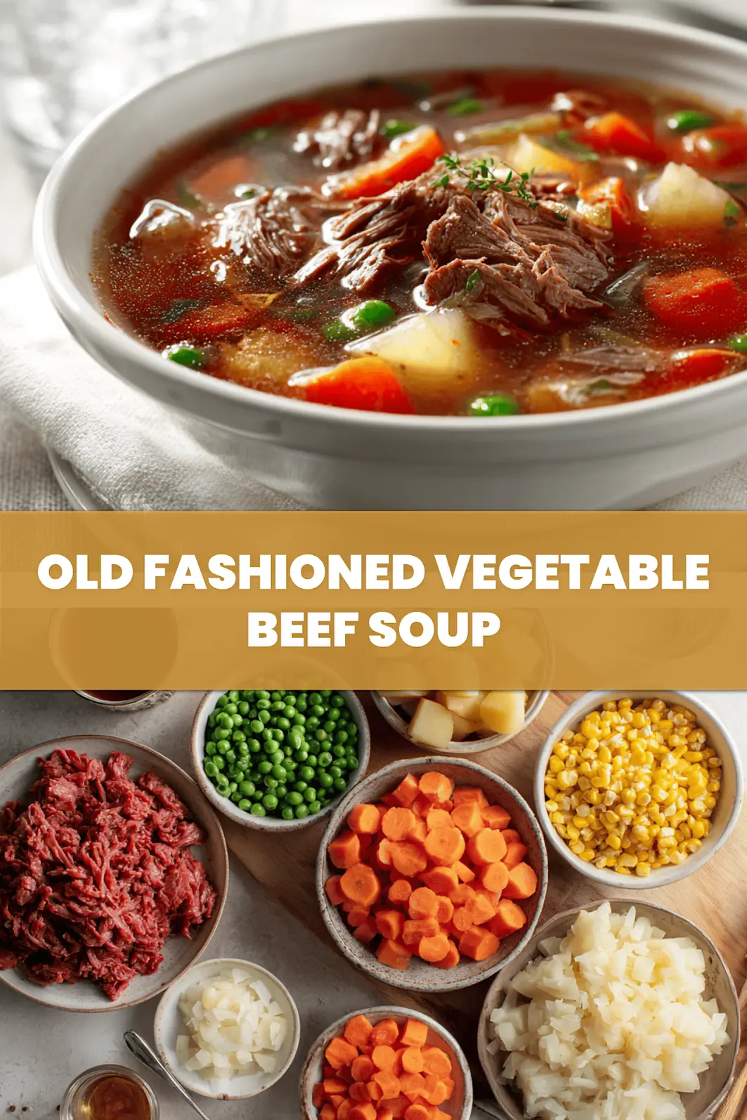 OLD FASHIONED VEGETABLE BEEF SOUP top-down bowl warm comforting stew with shredded beef and vegetables_pin