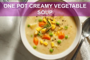 ONE POT CREAMY VEGETABLE SOUP overhead bowl with herbs chickpeas and warm creamy broth