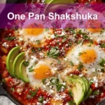 One Pan Shakshuka overhead skillet vibrant eggs tomato sauce herbs melted cheeses and bread