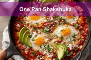 One Pan Shakshuka overhead skillet vibrant eggs tomato sauce herbs melted cheeses and bread