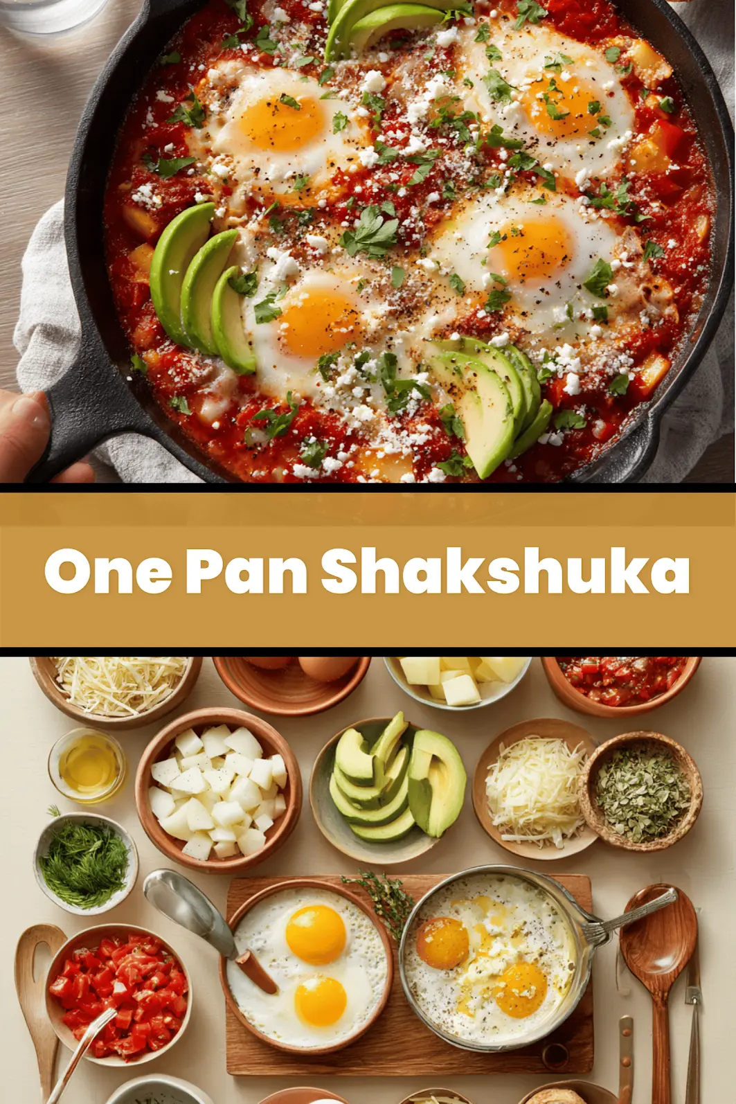 One Pan Shakshuka overhead skillet vibrant eggs tomato sauce herbs melted cheeses and bread_pin