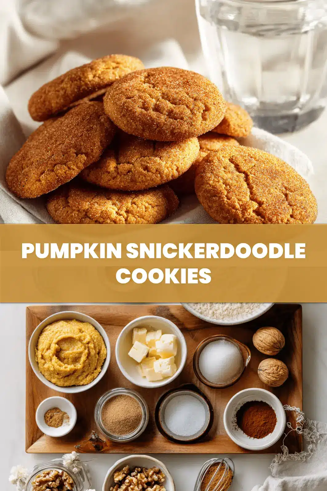 Pumpkin Snickerdoodle Cookies: Deliciously Soft and Irresistible 6 PUMPKIN SNICKERDOODLE COOKIES delicate fall treats on white napkin with clear water glass_pin