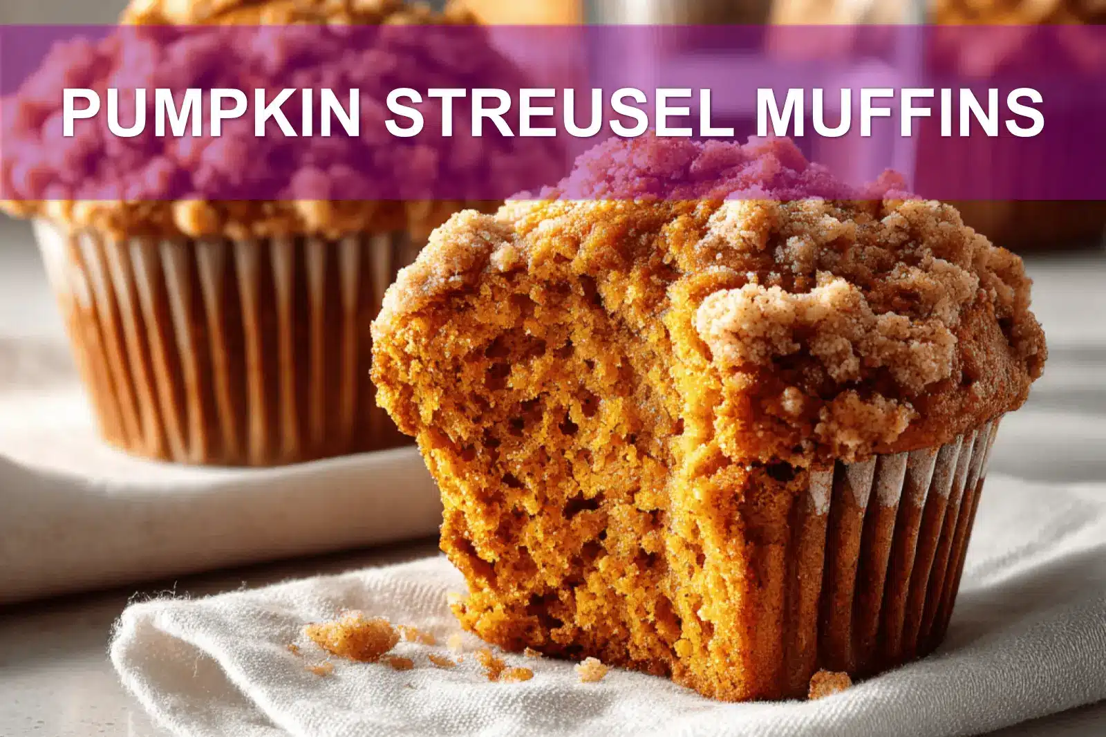 PUMPKIN STREUSEL MUFFINS on white cloth with clear glass of water warm light
