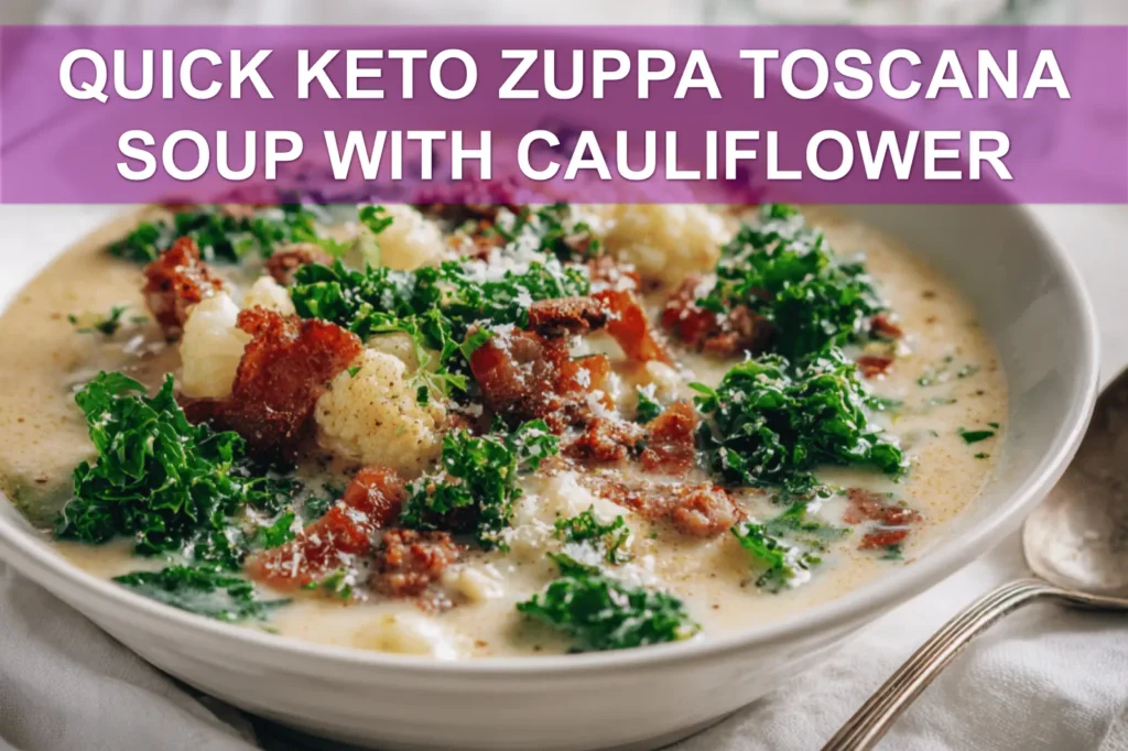 QUICK KETO ZUPPA TOSCANA SOUP WITH CAULIFLOWER creamy Italian sausage kale bacon bowl top-down hero
