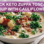 Quick Keto Zuppa Toscana Soup with Cauliflower: Easy Delicious Recipe 5 QUICK KETO ZUPPA TOSCANA SOUP WITH CAULIFLOWER creamy Italian sausage kale bacon bowl top-down hero