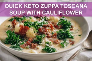 QUICK KETO ZUPPA TOSCANA SOUP WITH CAULIFLOWER creamy Italian sausage kale bacon bowl top-down hero