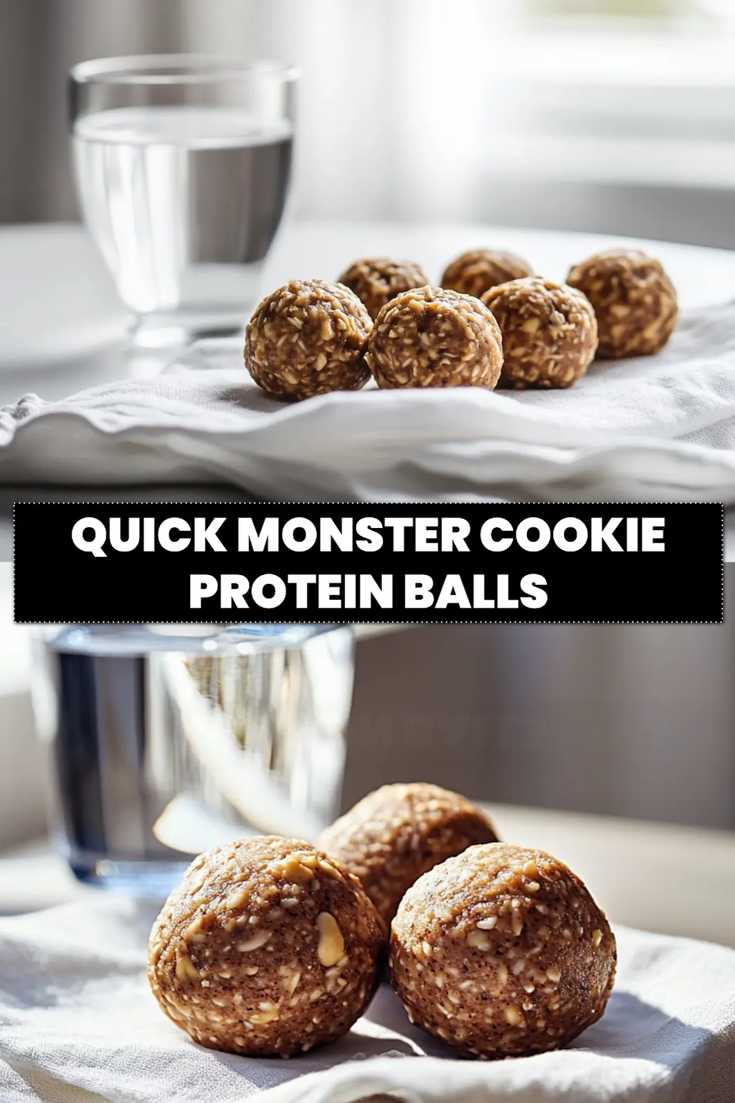 Quick Monster Cookie Protein Balls: Easy and Irresistible 6 QUICK MONSTER COOKIE PROTEIN BALLS on white cloth napkin close up warm natural light appetizing_pin