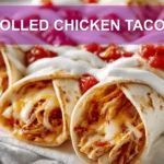 ROLLED CHICKEN TACOS with shredded chicken soft white cheese colby jack and red salsa