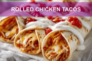 Rolled Chicken Tacos: Delicious and Simple Recipe ROLLED CHICKEN TACOS with shredded chicken soft white cheese colby jack and red salsa