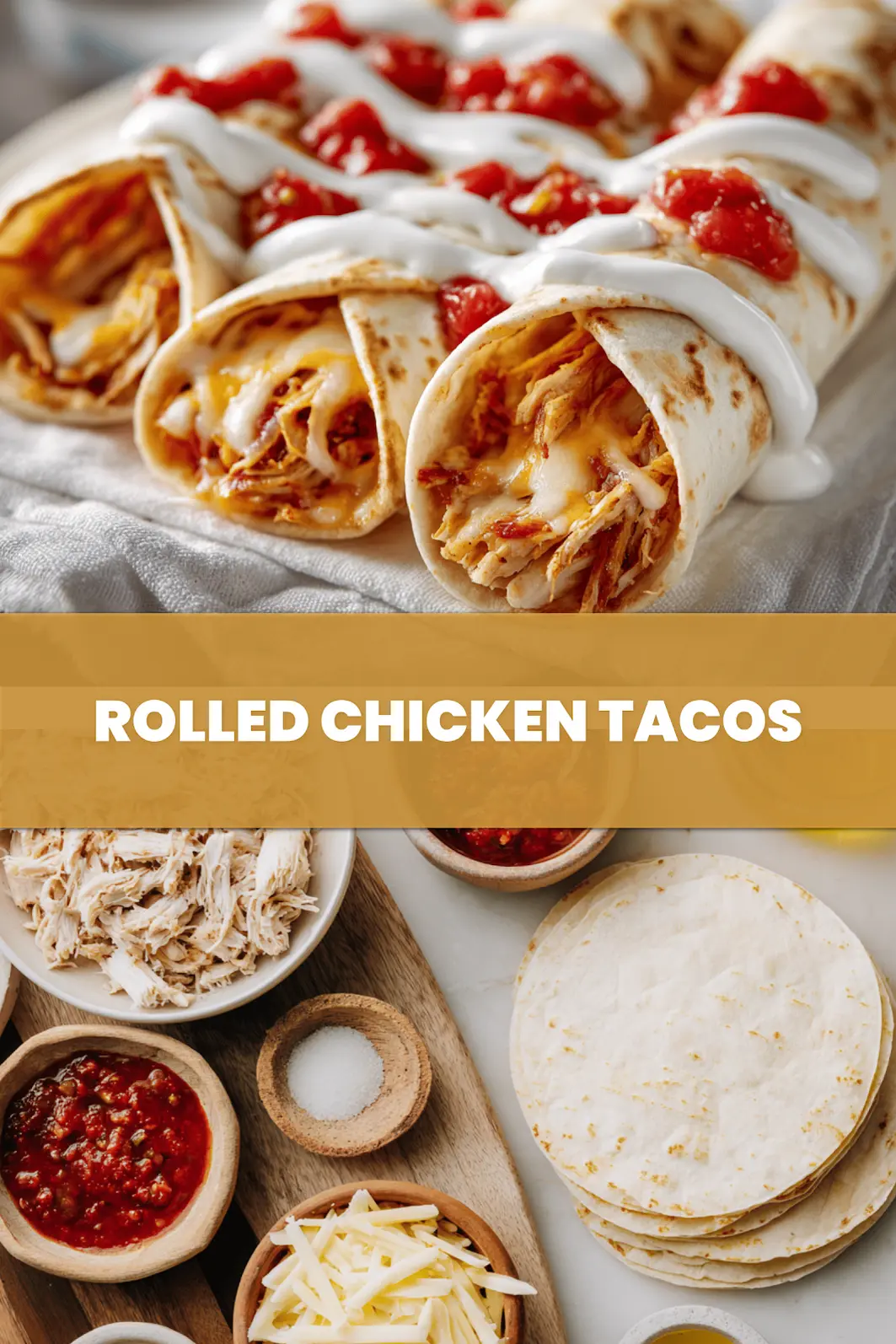 Rolled Chicken Tacos: Delicious and Simple Recipe 6 ROLLED CHICKEN TACOS with shredded chicken soft white cheese colby jack and red salsa_pin