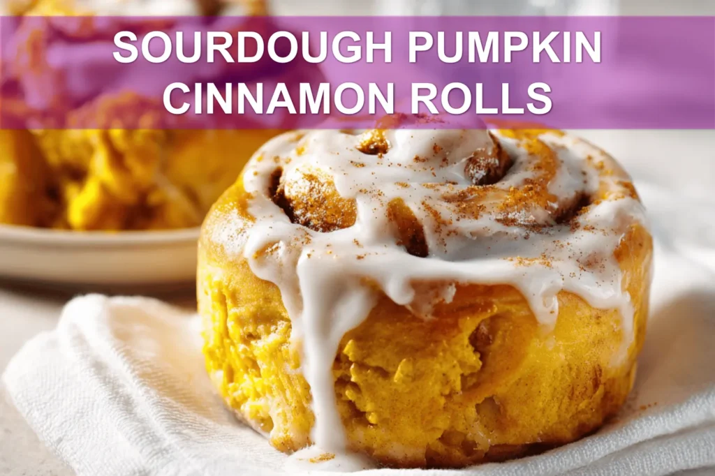 SOURDOUGH PUMPKIN CINNAMON ROLLS glazed rolls on white cloth with clear water glass