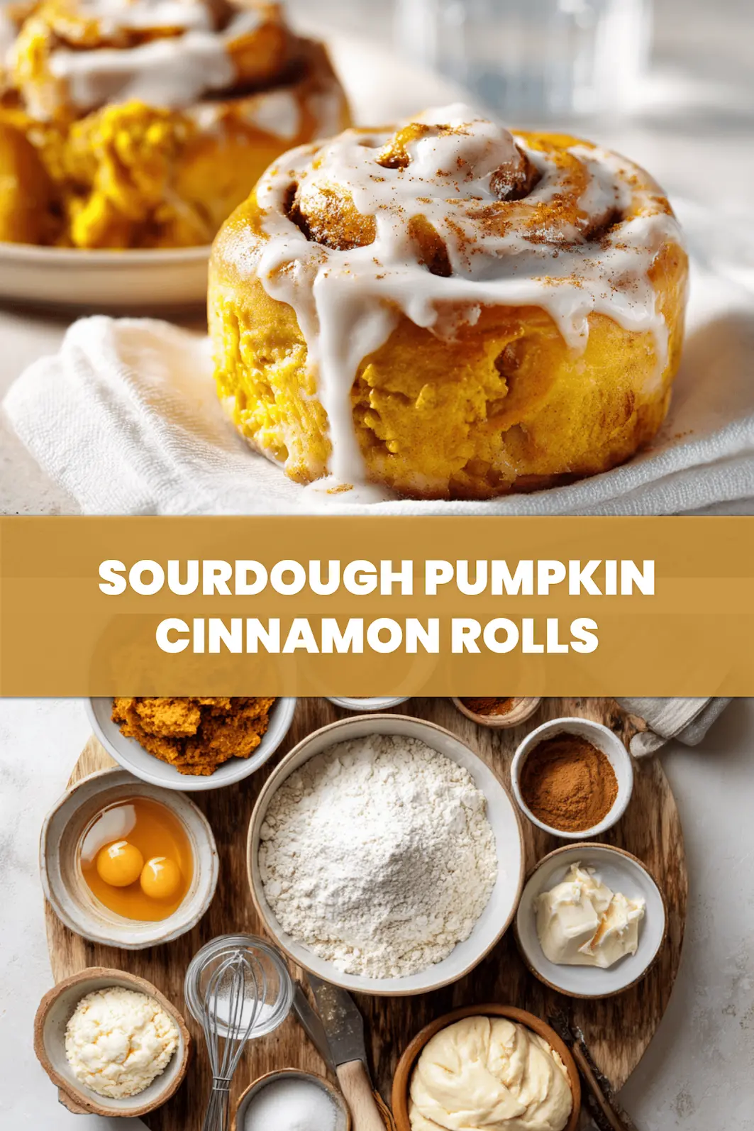 SOURDOUGH PUMPKIN CINNAMON ROLLS glazed rolls on white cloth with clear water glass_pin