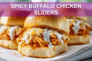 Spicy Buffalo Chicken Sliders: Irresistibly Easy Recipe SPICY BUFFALO CHICKEN SLIDERS on slider buns with buffalo sauce melted cheese garlic butter
