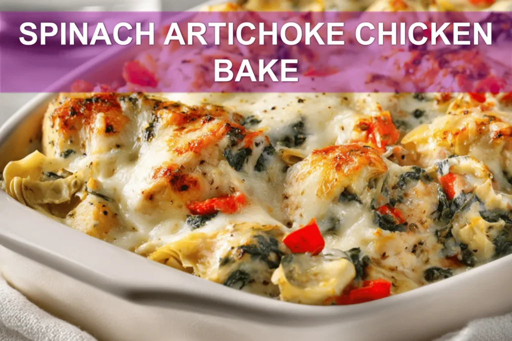 SPINACH ARTICHOKE CHICKEN BAKE finished casserole on white napkin with clear glass of water