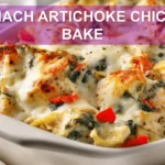 Spinach Artichoke Chicken Bake: An Irresistible Recipe 5 SPINACH ARTICHOKE CHICKEN BAKE finished casserole on white napkin with clear glass of water