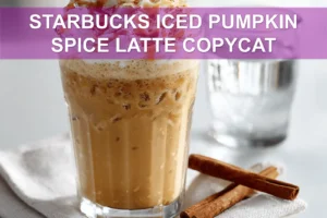 Starbucks Iced Pumpkin Spice Latte Copycat: Easy Delicious Recipe STARBUCKS ICED PUMPKIN SPICE LATTE COPYCAT glass with whipped topping cinnamon and caramel drizzle