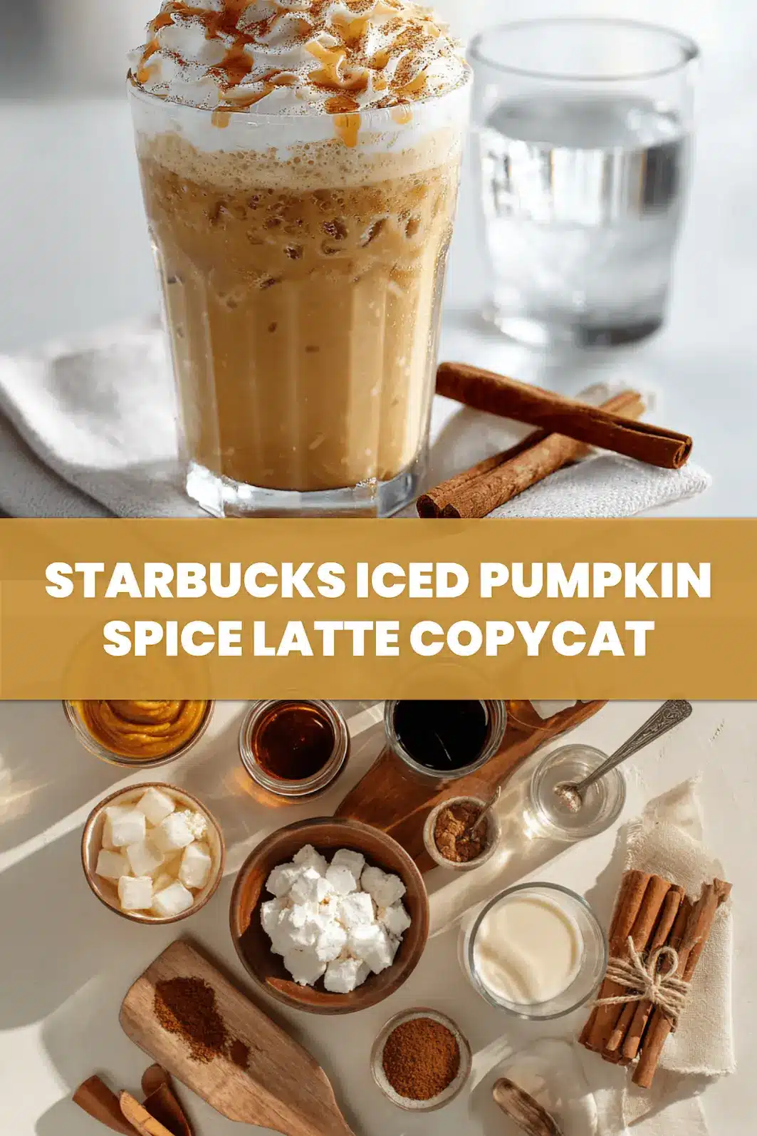 Starbucks Iced Pumpkin Spice Latte Copycat: Easy Delicious Recipe 6 STARBUCKS ICED PUMPKIN SPICE LATTE COPYCAT glass with whipped topping cinnamon and caramel drizzle_pin