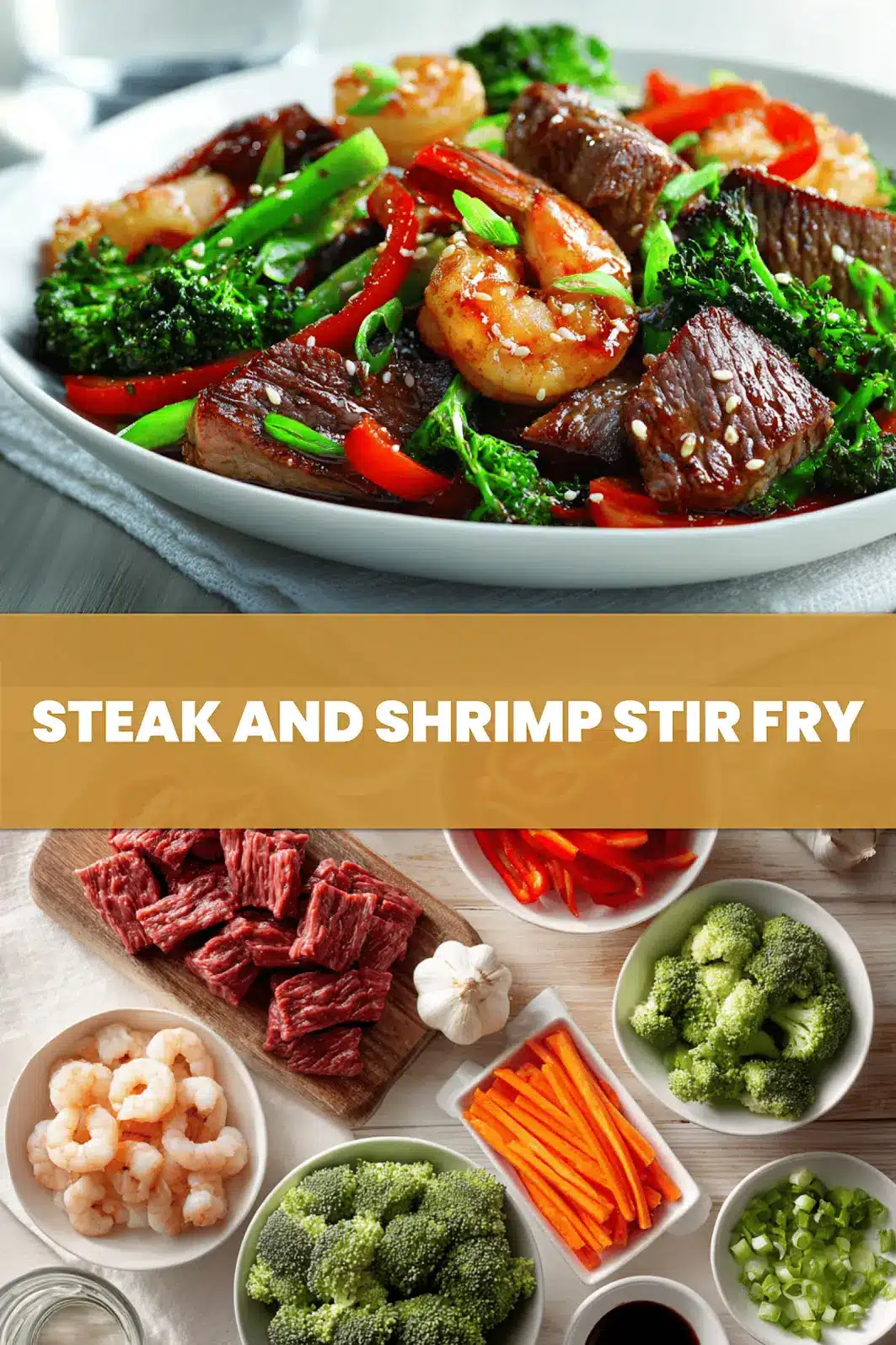 STEAK AND SHRIMP STIR FRY plated with flank steak and peeled shrimp vibrant vegetables warm tones_pin