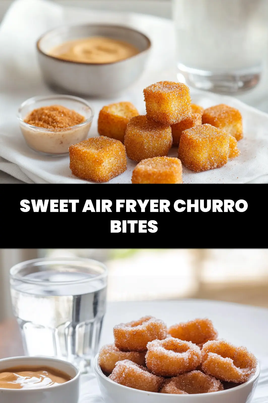 Sweet Air Fryer Churro Bites: Easy and Delicious Recipe 6 SWEET AIR FRYER CHURRO BITES close-up plated bites on white napkin with water glass_pin