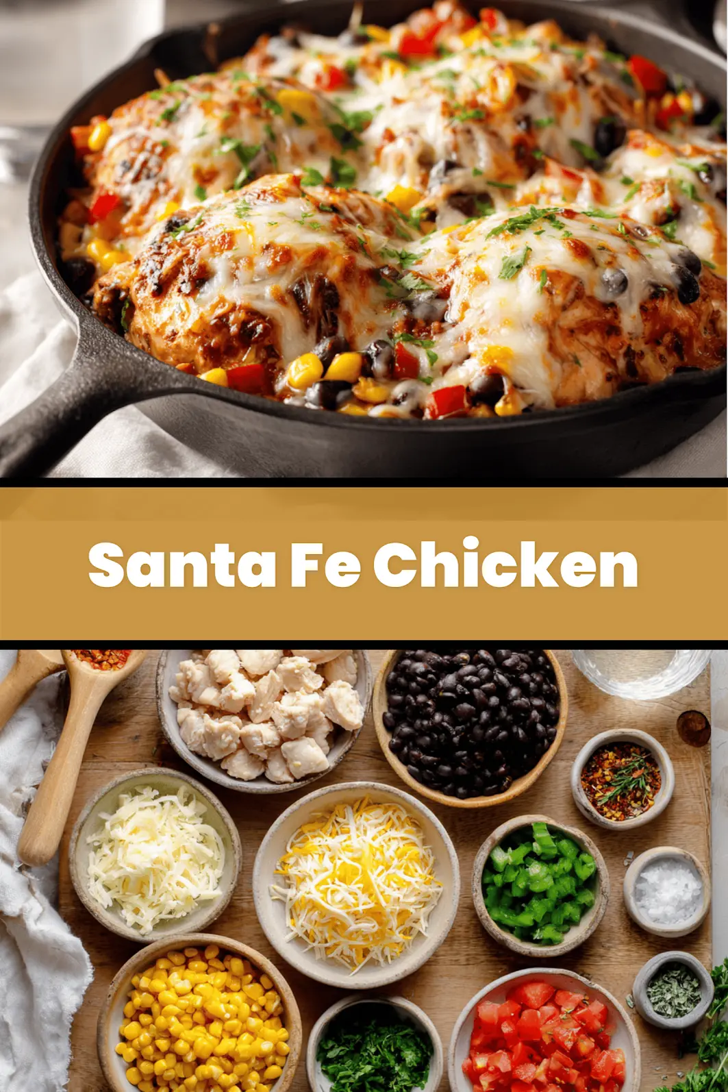 Santa Fe Chicken: Easy and Irresistible Skillet Recipe 6 Santa Fe Chicken skillet with black beans corn melted cheese and fresh herbs in warm light_pin