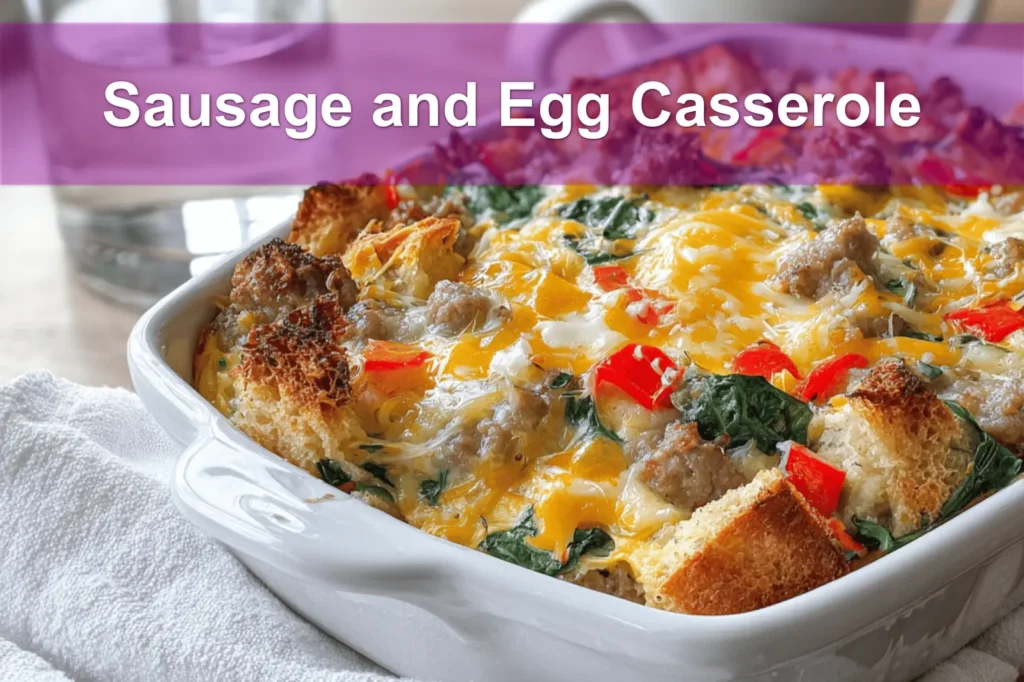 Sausage and Egg Casserole golden baked with cheddar peppers spinach on white napkin