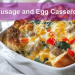 Sausage and Egg Casserole golden baked with cheddar peppers spinach on white napkin