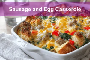 Sausage and Egg Casserole golden baked with cheddar peppers spinach on white napkin