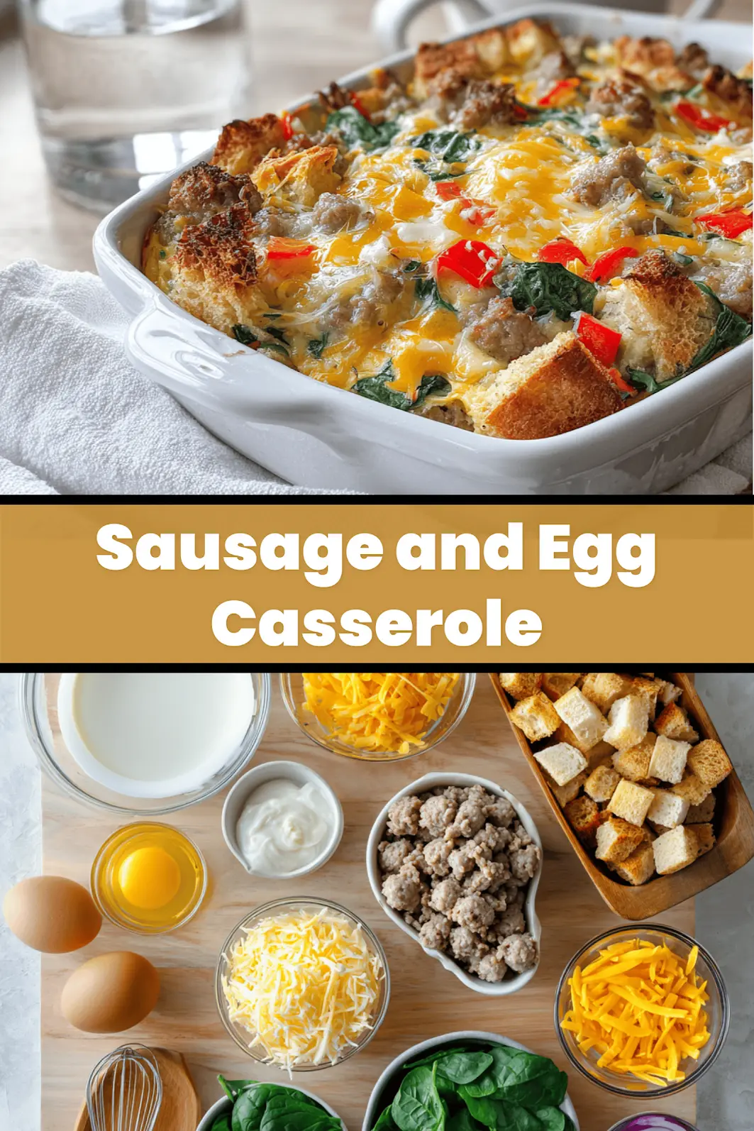 Sausage and Egg Casserole golden baked with cheddar peppers spinach on white napkin_pin
