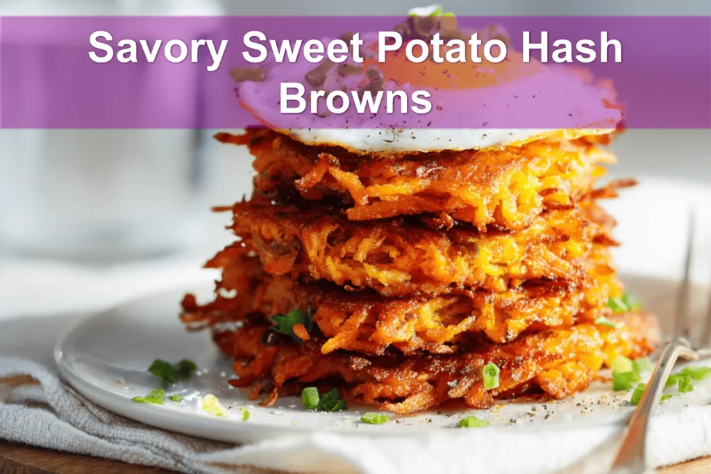 Savory Sweet Potato Hash Browns on white napkin with glass of water and golden crust