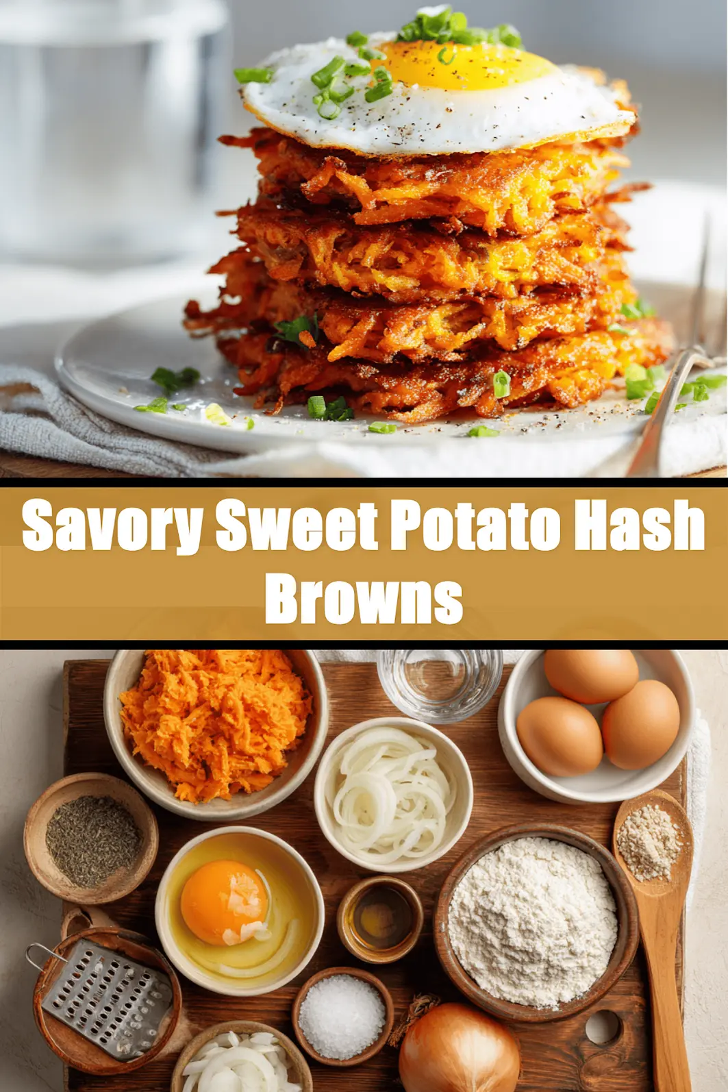 Savory Sweet Potato Hash Browns: Easy Delicious Recipe 6 Savory Sweet Potato Hash Browns on white napkin with glass of water and golden crust_pin