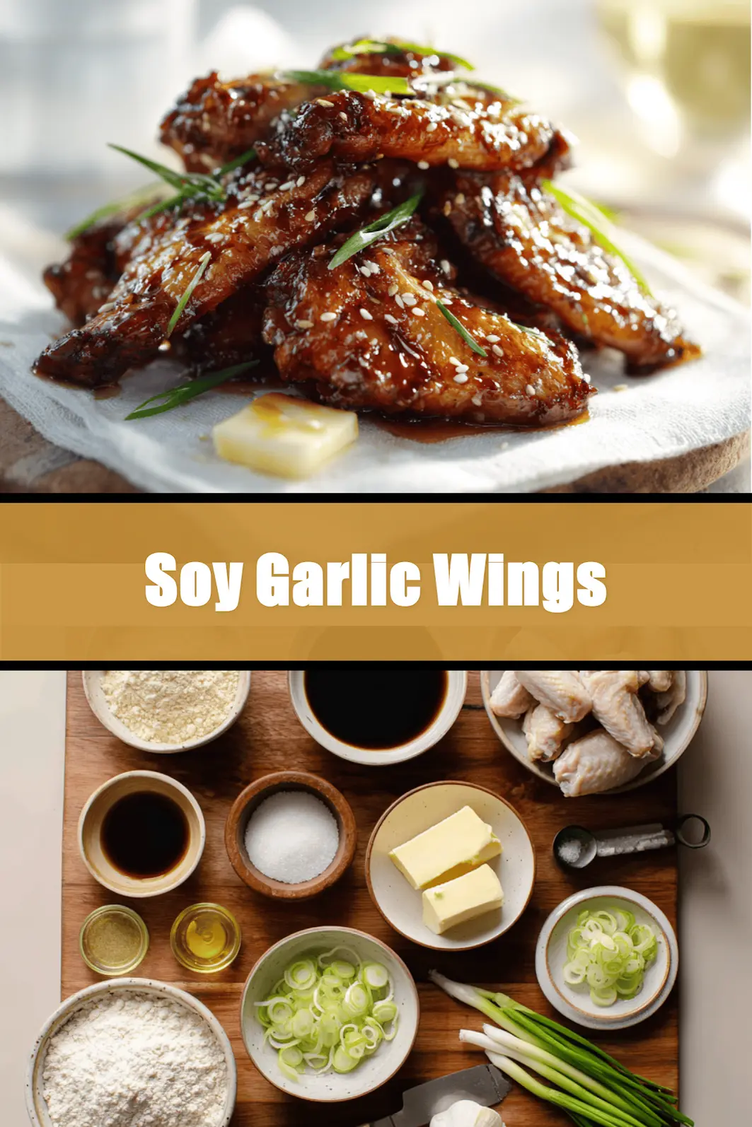 Soy Garlic Wings plated on white napkin with sesame seeds and green onions_pin