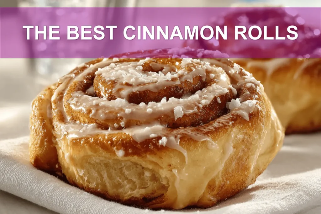 THE BEST CINNAMON ROLLS warm glazed pastries on white cloth with glass of water
