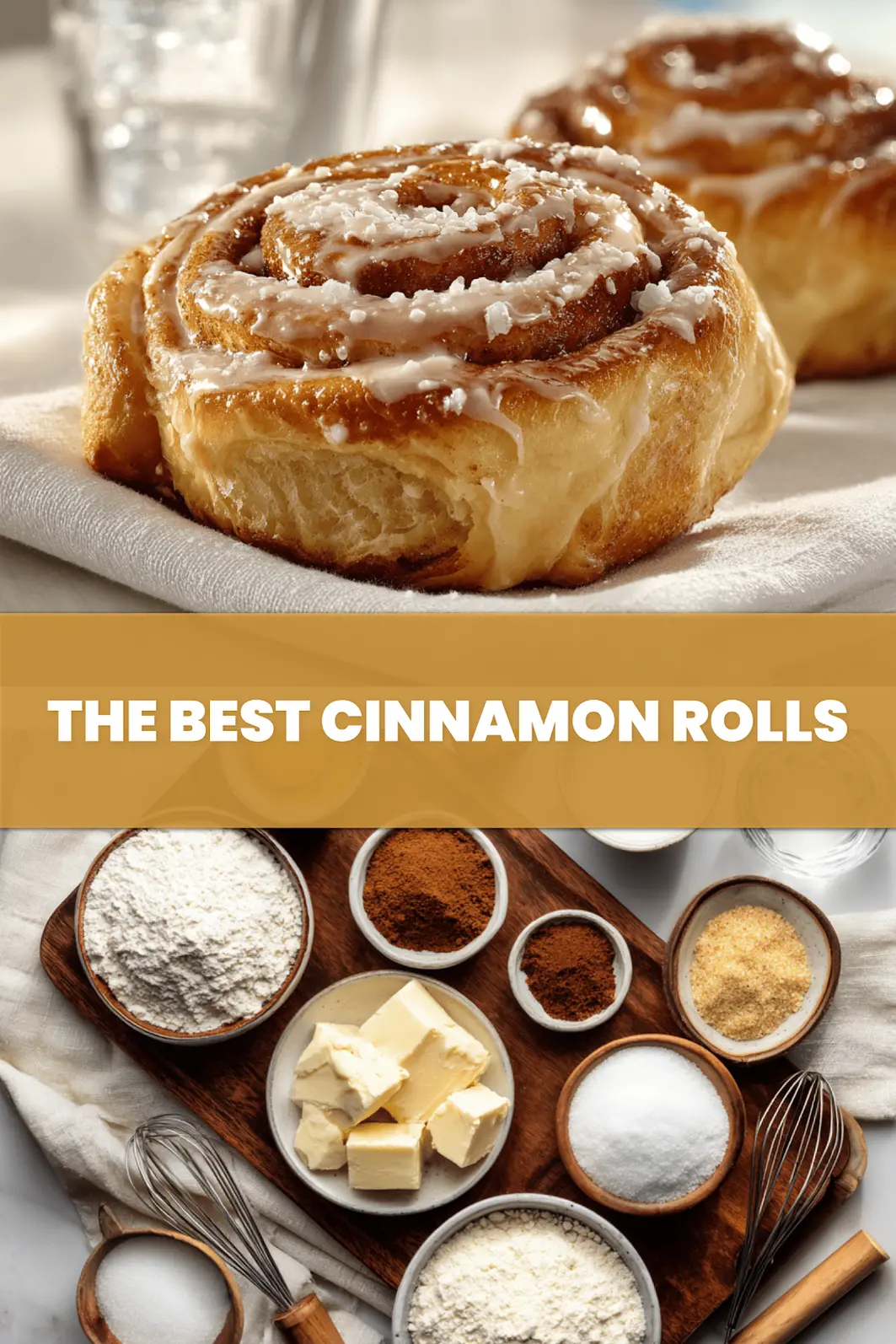 THE BEST CINNAMON ROLLS warm glazed pastries on white cloth with glass of water_pin