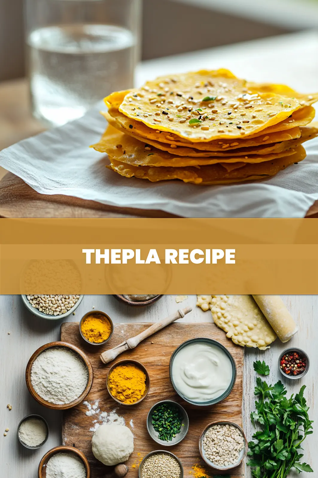 THEPLA RECIPE warm golden thepla stack on white napkin with sesame and fenugreek leaves_pin