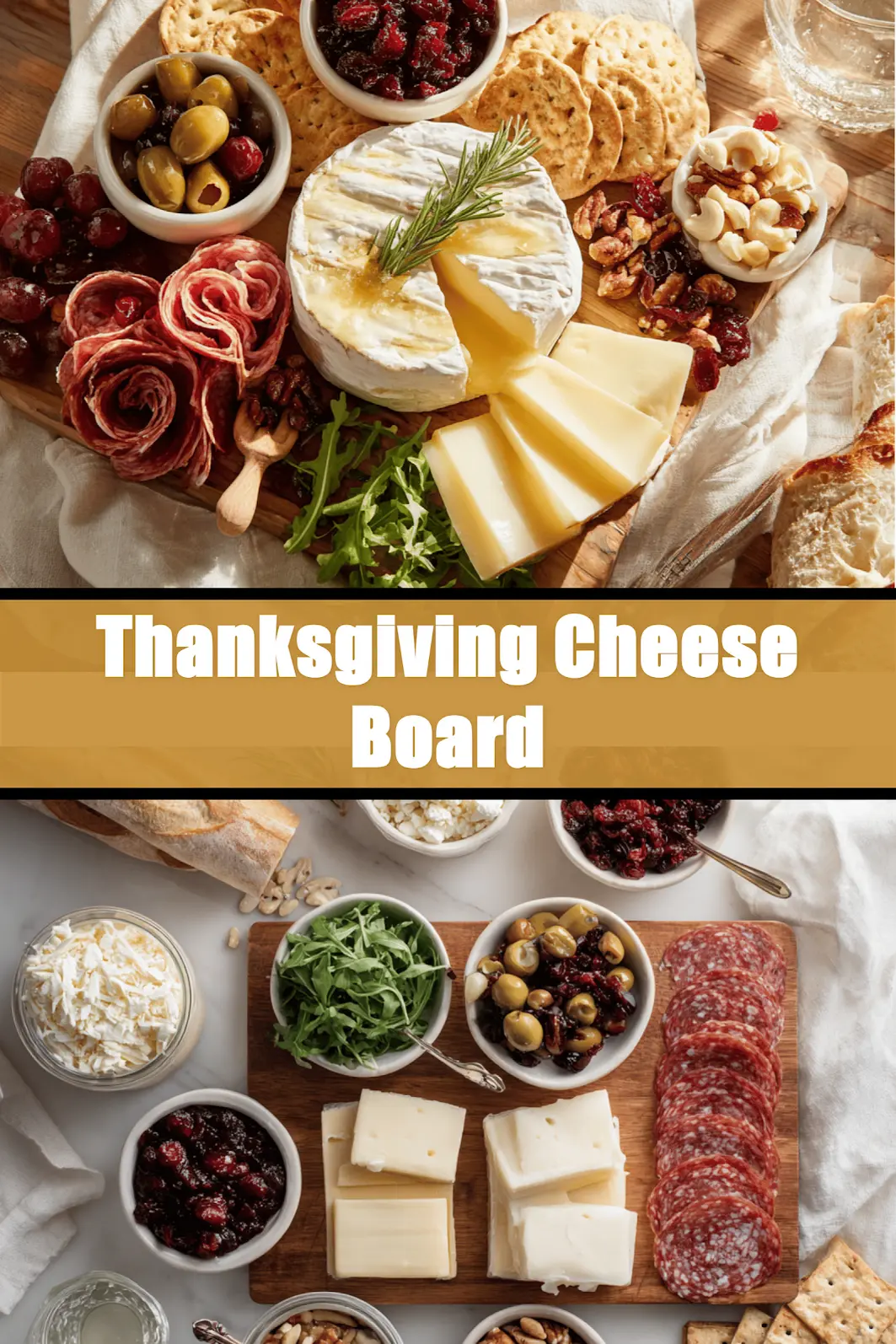 Thanksgiving Cheese Board with brie manchego white cheddar cranberry goat cheese assorted salami_pin