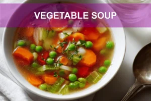 VEGETABLE SOUP overhead hero image on white cloth napkin warm natural lighting