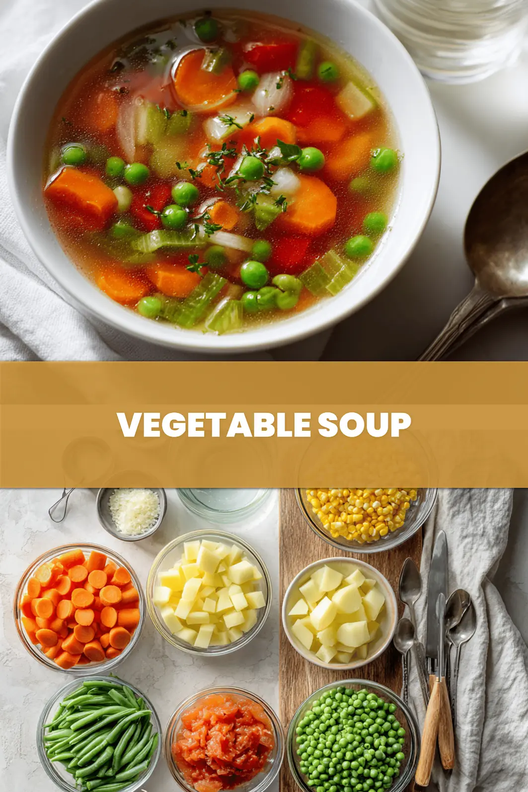 VEGETABLE SOUP overhead hero image on white cloth napkin warm natural lighting_pin